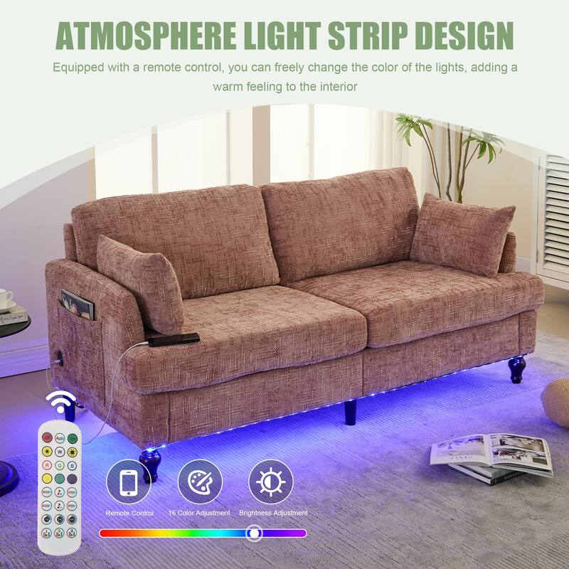 Modern Style Chenille 2-Seater Wood-Legged Sofa With Led Light, Usb Charging Port And Storage Bag Living Room Bedroom Study Room