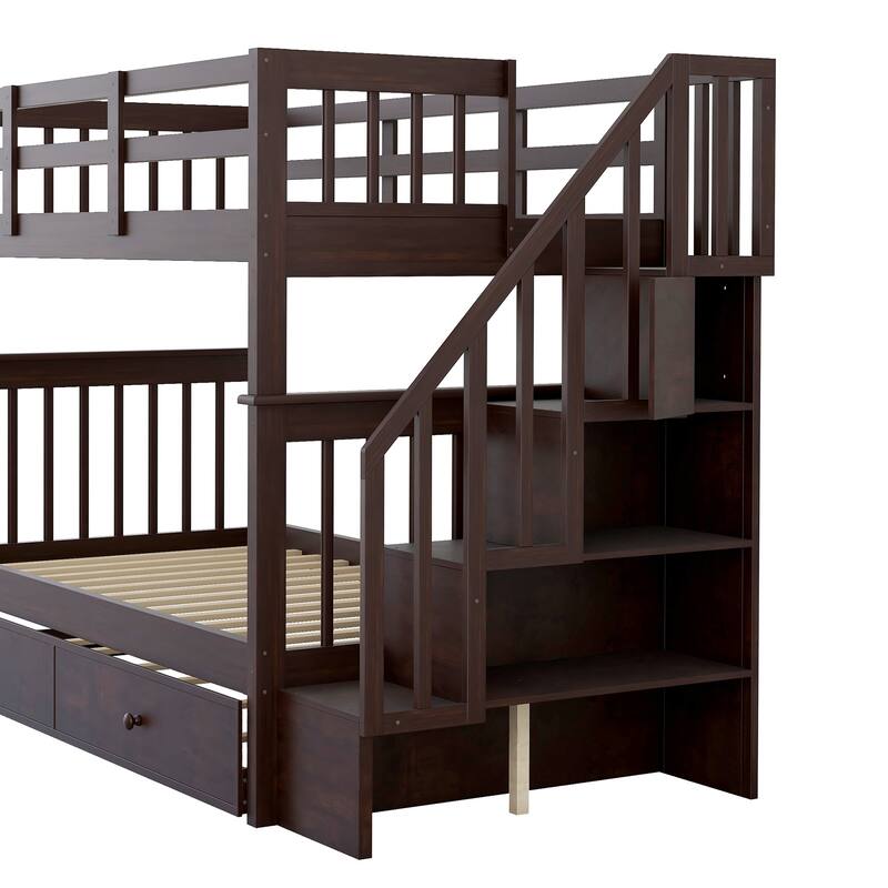 Twin-Over-Twin Bunk Bed with Trundle, Staircase Design with Storage Shelves, Solid Pine Frame, No Box Spring Needed