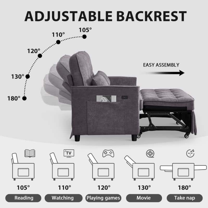 Convertible Sofa Bed,3 in 1 Pull Out Couch,Loveseat Sleeper with Adjustable Backrest,Side Pocket,USB Charging Port