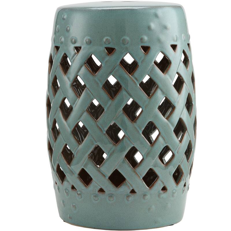 Outsunny 13" Multi-Use Ceramic Garden Stool / Round Side Table / Foot Rest with Lattice Ring Design Antique-Blue Green