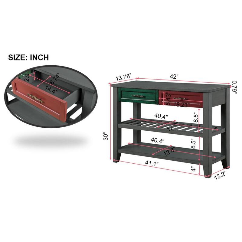 3-Tier Console Table for Entryway, 42.01 Inch Solid Wood Entryway Table with Drawers and 2 Storage Shelves, Pine Accent Table