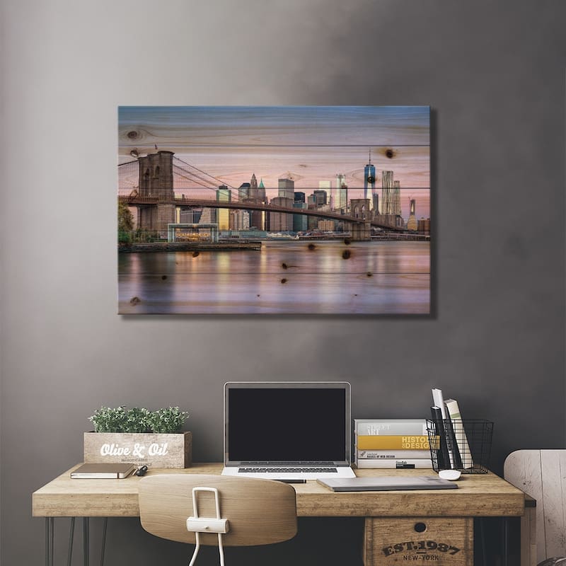 Brooklyn Bridge And Manhattan Skyline On A Winter Morning Print On Wood by Jan Becke - Multi-Color
