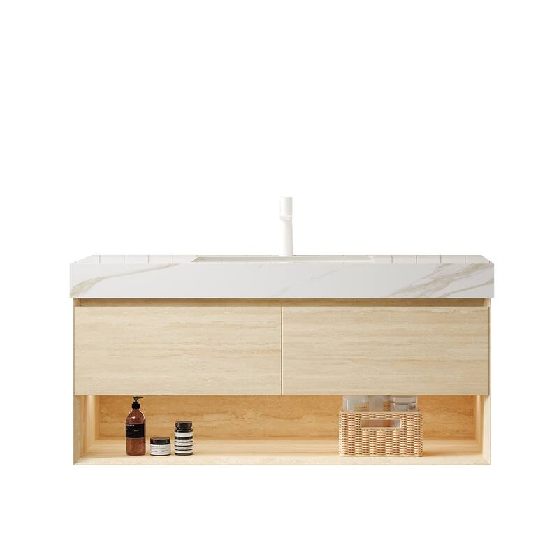 GDFStudio - Frigga Modern Floating Beveled Edge Bathroom Vanity with Sensor Light & Calacatta Gold Sintered Stone Top