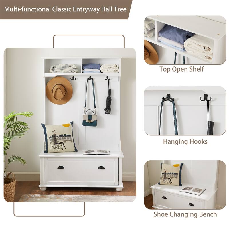Hall Tree Entryway Bench with Open Shelves and Shoe Cabinets