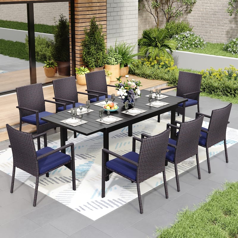 7/9 Patio Dining Set, Expendable Rectangular Outdoor Dining Table with Rattan Chairs - 9-Piece Metal Armrest Chair Set (Navy)