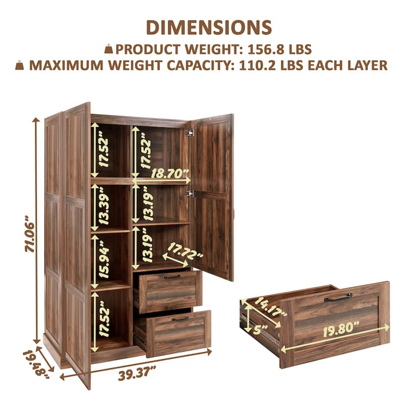 40" Extra-Wide Storage Cabinet, 71" Tall Pantry with Shelves & Drawers