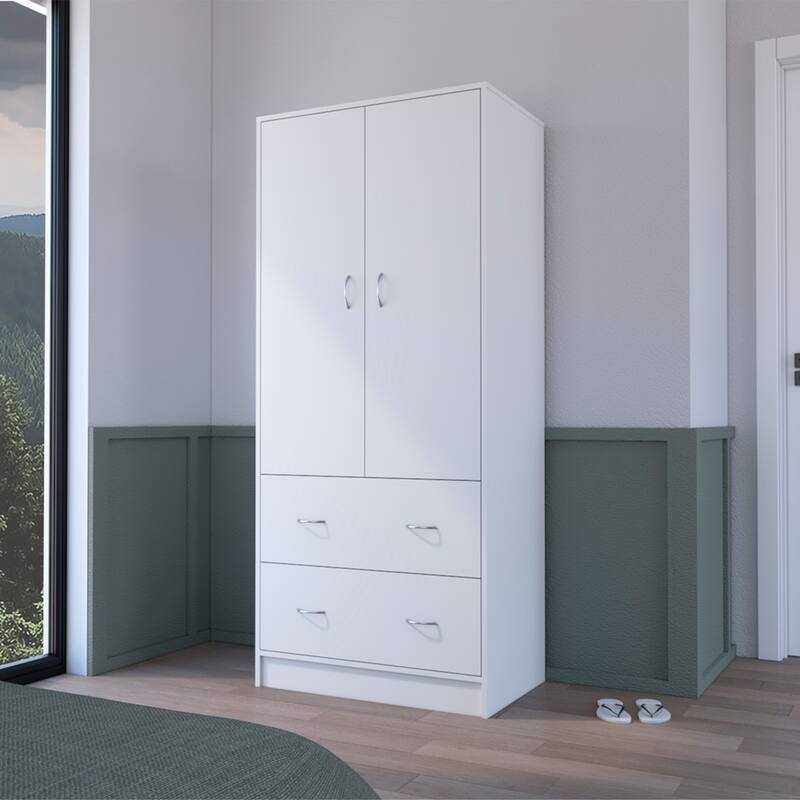 19" Modern Double-door Armoire with Hanging Rod and Two Storage Drawers for Bedroom