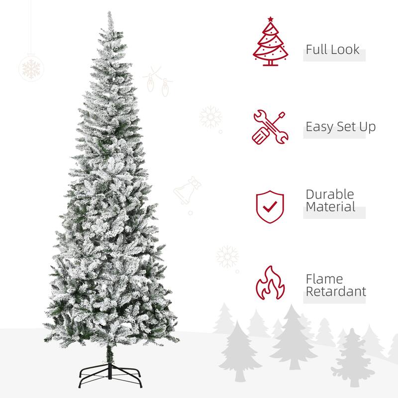 9FT Slim Snow-Flocked Artificial Christmas Tree, Winter Decor with Realistic Branch Tips