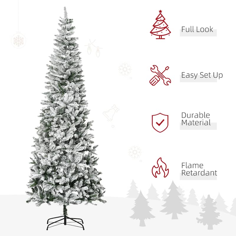 9ft Tall Unlit Snow-Flocked Slim Pine Artificial Tree, 1084 Tips & Automatic Open Design