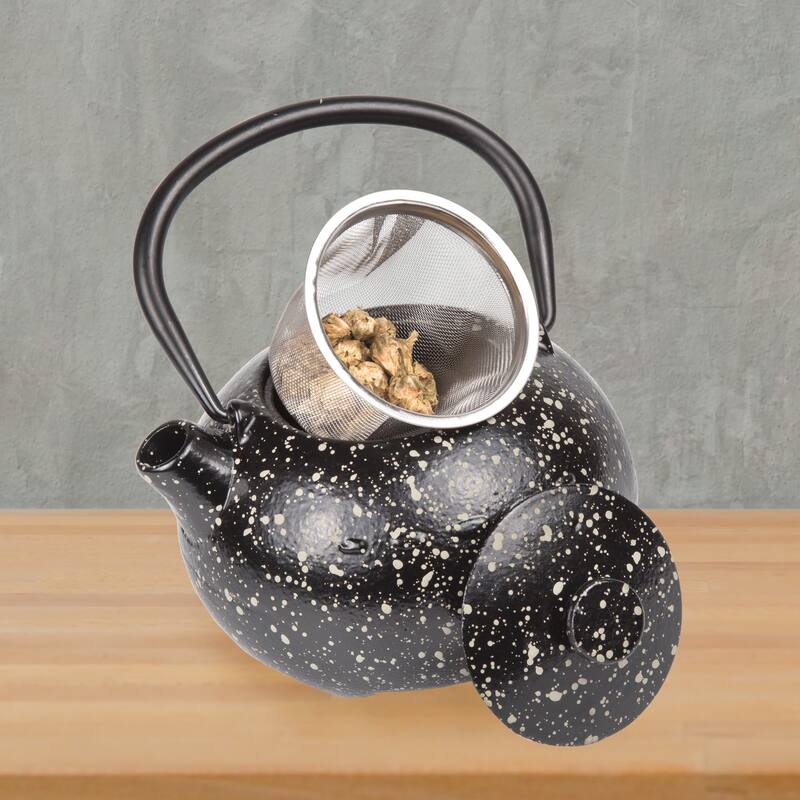 Creative Home Kyusu 12 oz, Cast Iron Tea Pot Tea Kettle with Removable Stainless Steel Infuser Basket, Black and Grey - 12 oz