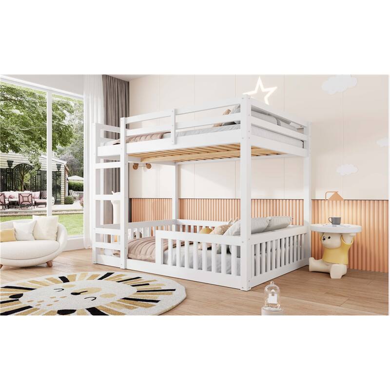 Roomfitters Full Over Full Wood Bunk Bed with Ladder and Guardrails, Solid Pine