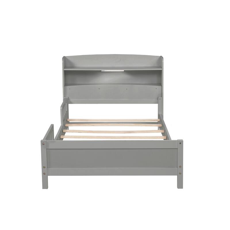 Pine Wood Bed with Bookcase Headboard ,LED Motion Sensor Light, Guardrails