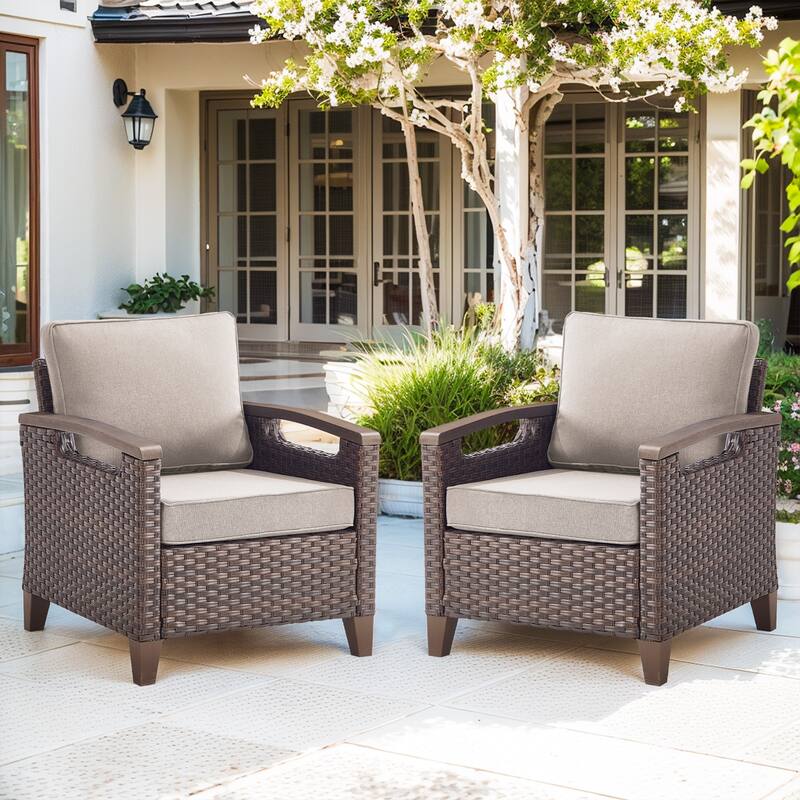 High Back Outdoor Patio Chairs Beige Cushion - Brwon Wicker Beige Cushion