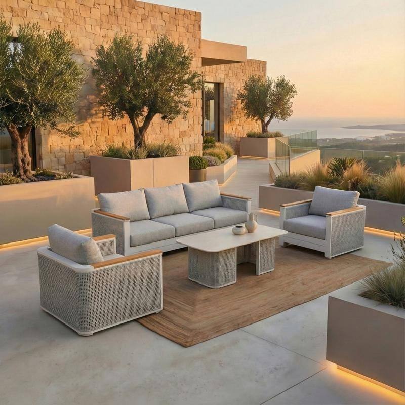Arvin 4-Piece Outdoor Patio Conversation Set in Aluminum with Olefin Fabric Cushions Sintered Stone Rectangular Coffee Table
