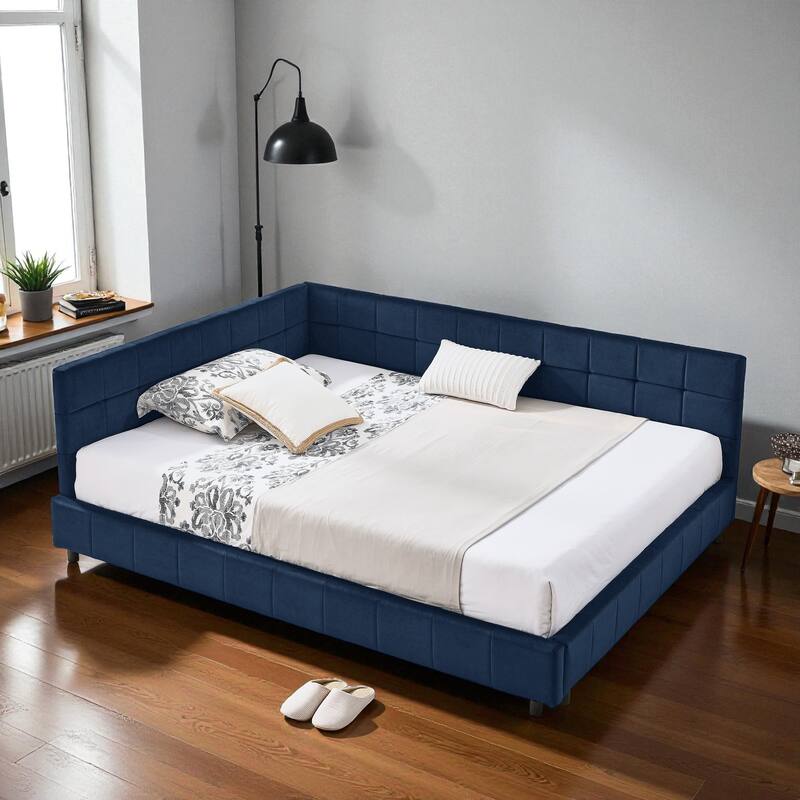 Full Size Velvet Upholstered Tufted Daybed Frame with Backrest and Armrest, Mid-Century Sofa Bed for Bedroom or Living Room