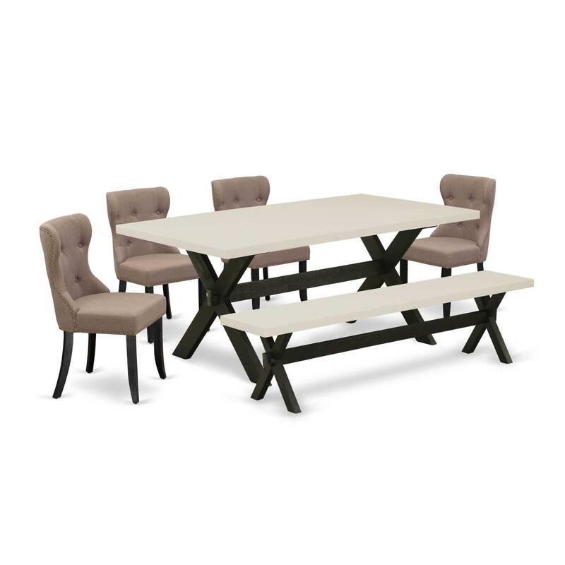 Mid Century Dining Set - 6 Piece Table & Chair Set with Bench - Linen Fabric Parsons Chairs - Modern Dinette