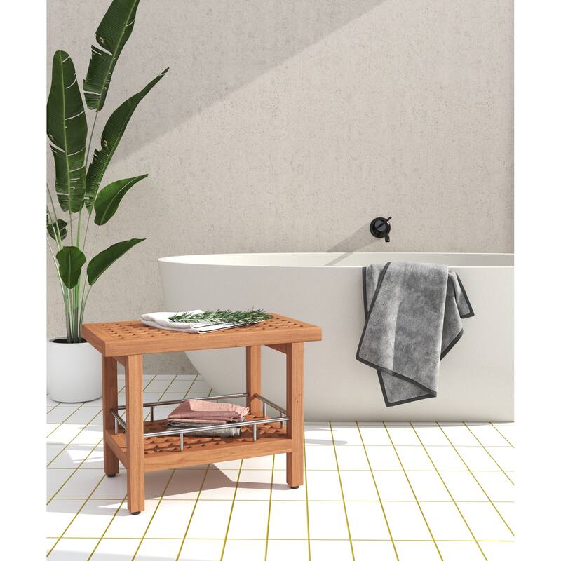 Patented Grate Teak & Stainless Shower Bench with Shelf