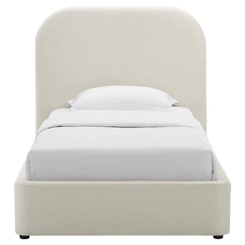 Hillsway Modern Curved Headboard Off-white Velvet Upholstered Twin Size Platform Bed