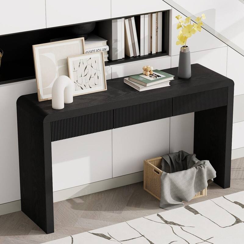 Rustic 52.9" Console Table with 3 Fluted Drawers and Solid Wood Veneer for Entryway Display and Storage - Black