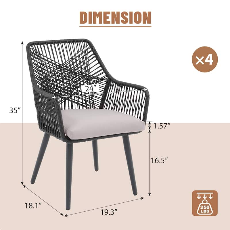 Outdoor Patio Woven Rope Dining Chairs With Armrest and Seat Cushions