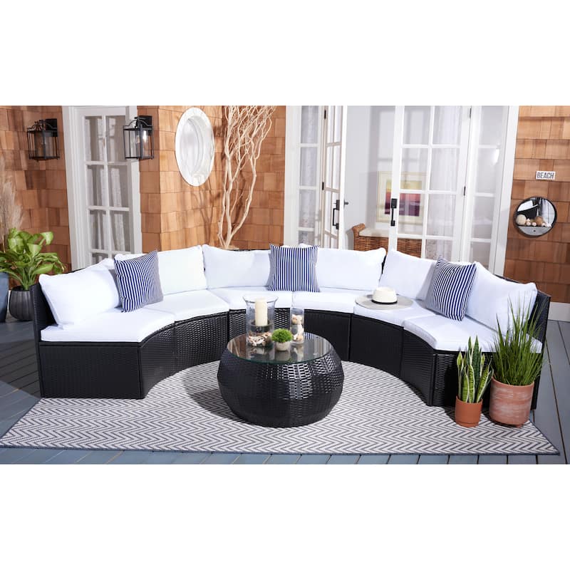 SAFAVIEH Outdoor Patio Furniture Jesvita Demilune Half-Moon Wicker Patio Set - Black with White Cushions