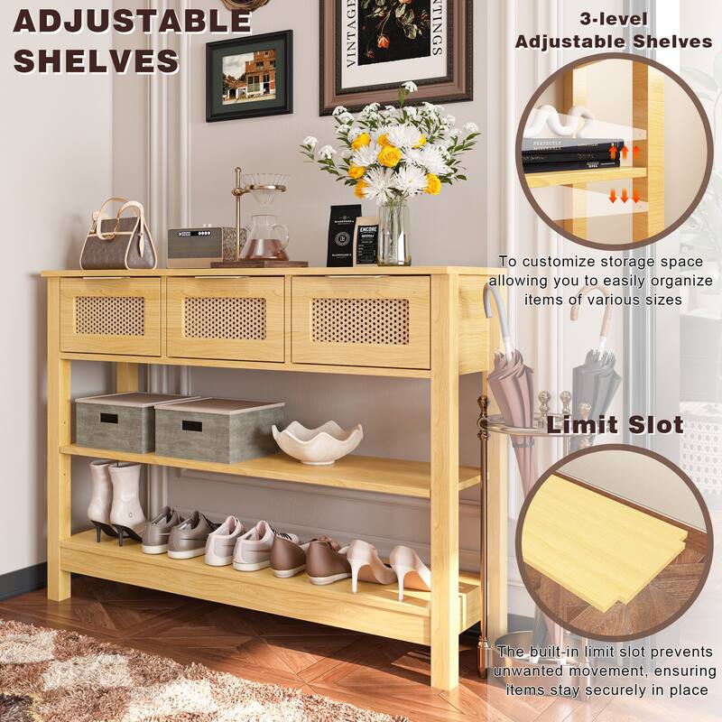 43.3" Sofa/Console Table - with 3 Top Drawers and 2 Open Shelves, Farmhouse Style