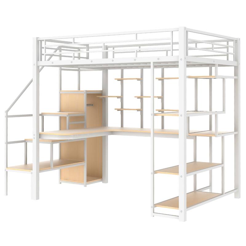 White Full Size Metal Loft Bed with Storage Staircase, Small Wardrobe, and Desk