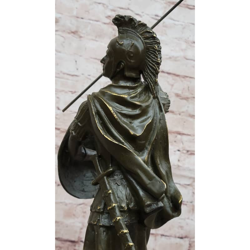 Roman Or Greek Soldier Bronze Sculpture With Spear And Shield On Marble Base