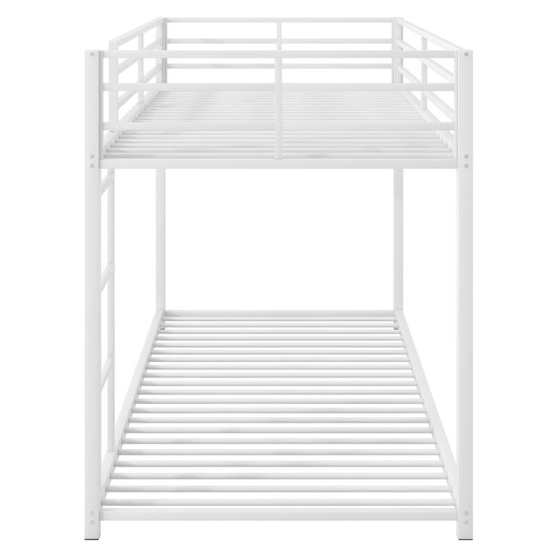 Twin Over Twin Low Metal Bunk Bed with Ladder, White