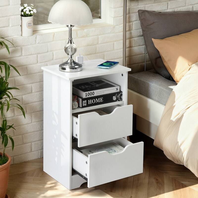 15.7"W Nightstand, P2 Particleboard, Matte Melamine, Handleless, 2 Drawers, US Outlet