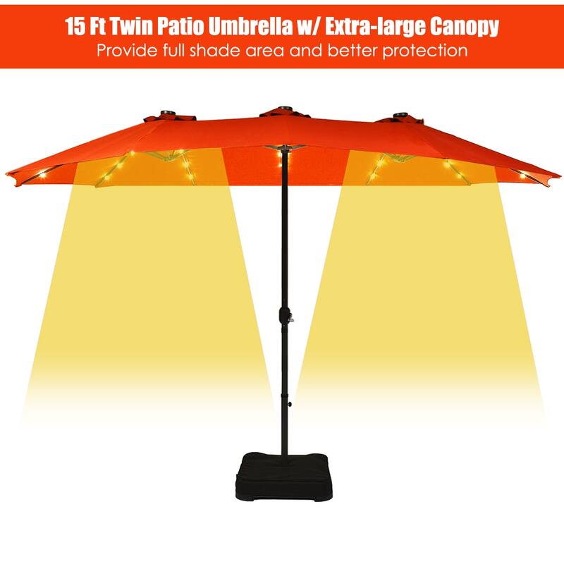 Costway 15Ft Patio Double-Sided Solar LED Market Umbrella Crank Base