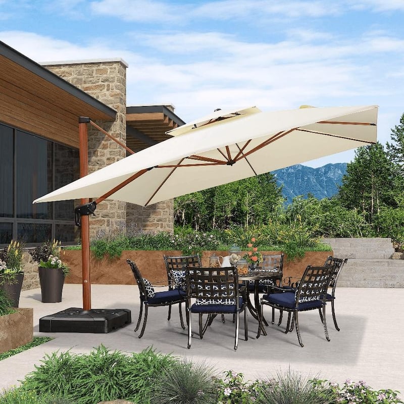 PURPLE LEAF 12ft Square Wood Pattern Patio Cantilever Umbrella - Cream