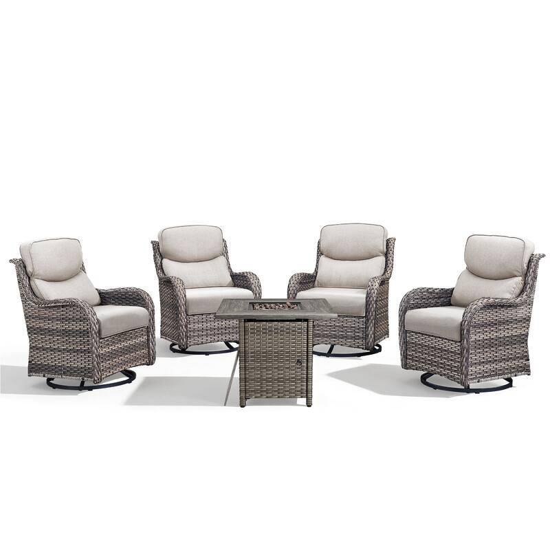 Meyreso 5-Piece Outdoor Patio Wicker Fire Pit 4 person Conversation Set with 5-Inch Thick Cushions