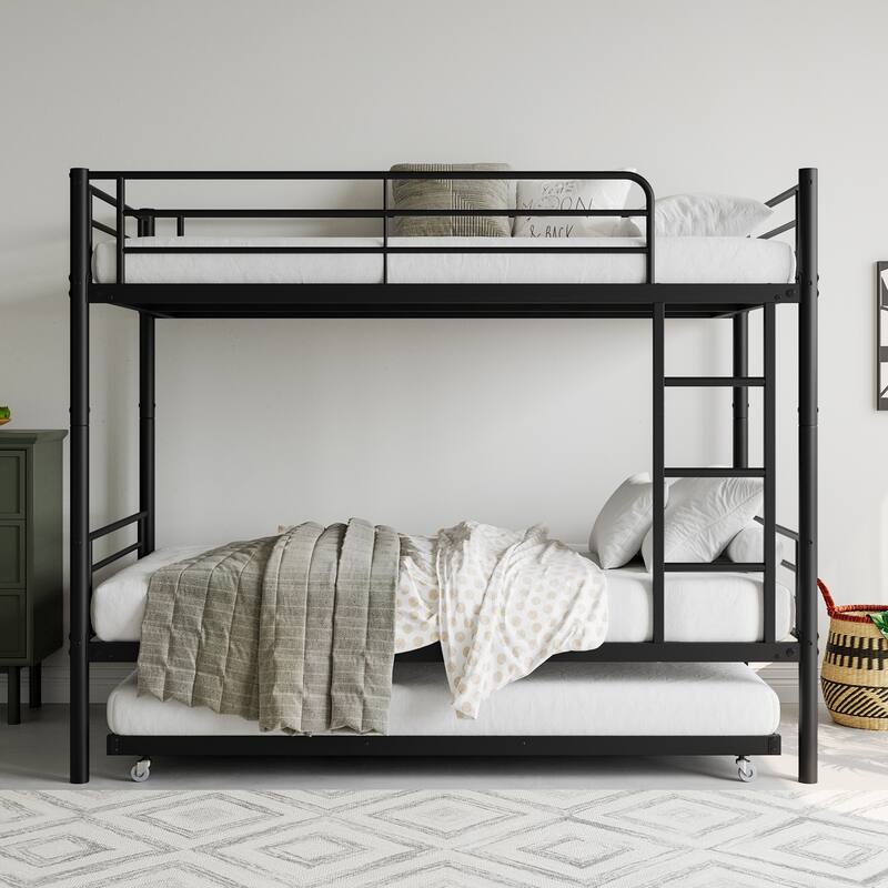 Anmytek Twin Bunk Bed with Trundle Metal Bunkbeds with Ladder and Full-Length Guardrail