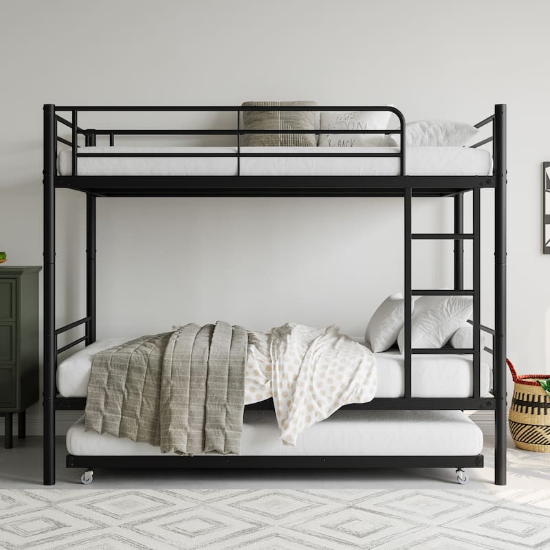 Space-Saving Twin Metal Bunk Bed with Trundle, Ladder, and Full-Length Guardrail, No Box Spring Needed