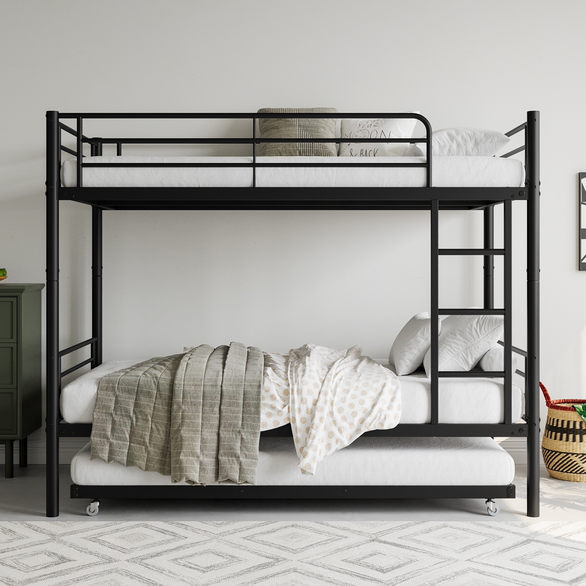 Twin Over Twin Metal Bunk Bed with Trundle and Guardrails, Space-Saving Frame