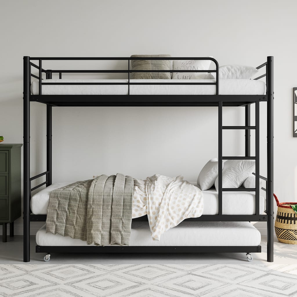 Twin Over Twin Metal Bunk Bed with Trundle and Guardrails, Space-Saving Frame