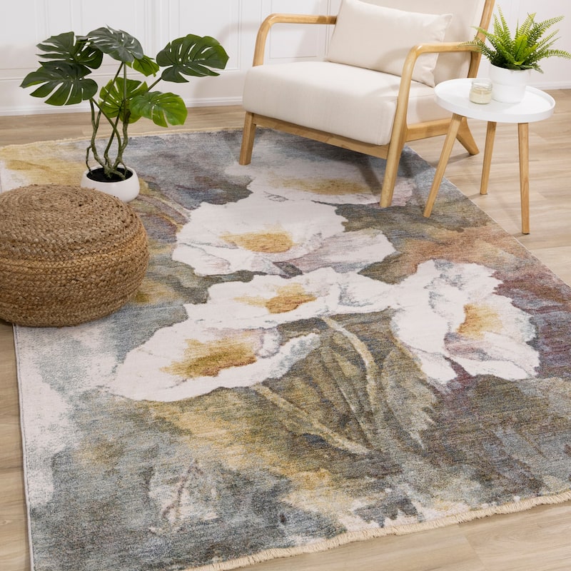 Green Blue Cream Botanical Bloom Area Rug.