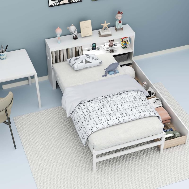 Twin Wood Platform Bed Frame w/2 Drawers & Charging Station