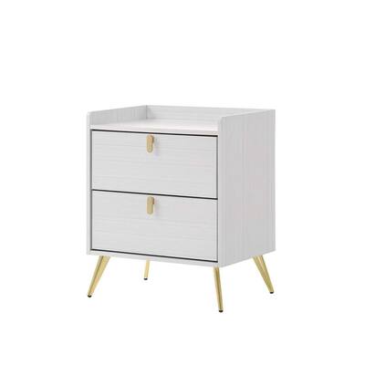 2 Drawers Wooden Nightstand with Metal Legs in White Gold Finish
