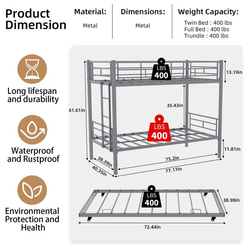GDFStudio - Heavy-Duty Metal Twin over Twin Bunk Bed with Guardrail