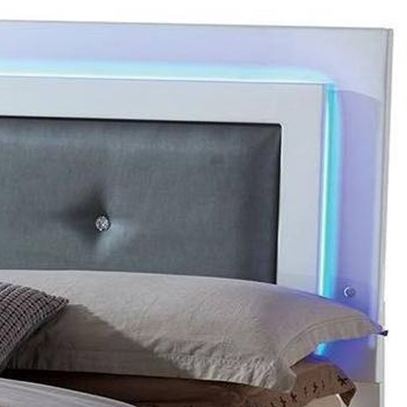 Wooden Queen Bed with Leatherette Headboard and LED trim, White