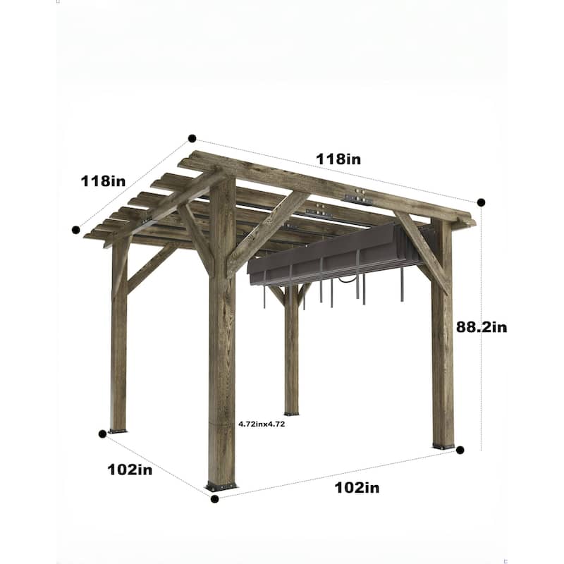 10'X 10' Cedar Wood Pergola with Solid Structure, Retractable Shade Canopy, Durable, Rot Resistant