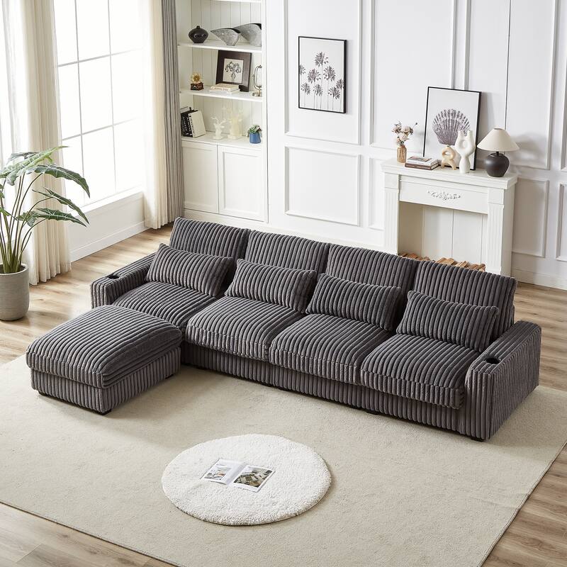126" Corduroy L-Shaped Sectional Sofa with USB & Cup Holders