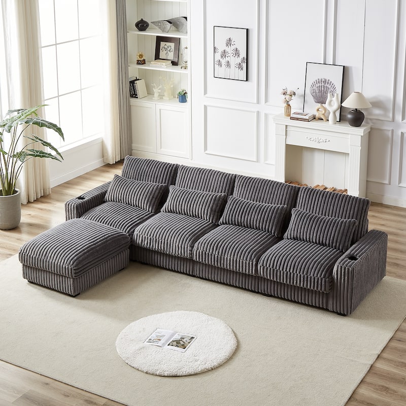Super Large 126-Inch Corduroy L-Shaped Sofa with Cup Holders, USB Port, Movable Footrest, and 8 Cushions.