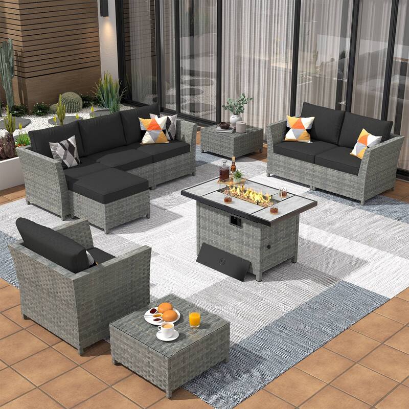 XIZZI 10-piece Patio Rattan Wicker Furniture with Rectangular Fire Pit - Black