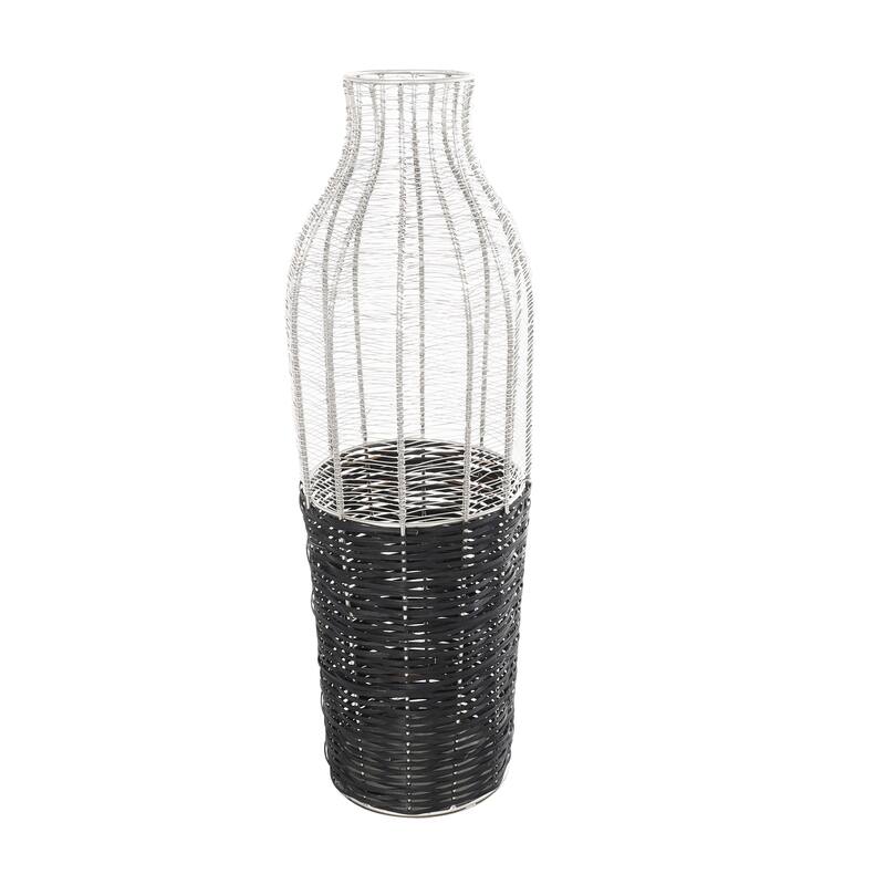 Silver Metal Tall Vase with Woven Black Rattan Base