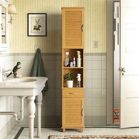 6-Tier Bathroom Narrow Cabinet with 2-Door and Drawer - Natural Color