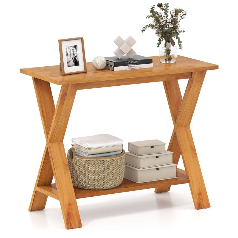 Costway 35.5-Inch Long Entryway Table with Storage Shelf Solid Teak - See Details - Natural - See Details