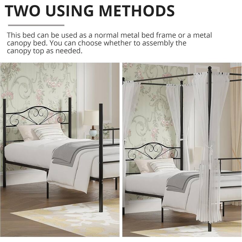 VECELO Twin Canopy Bed Frame with Headboard and Footboard, Metal Four Posters Design, Platform with Steel Slats Support